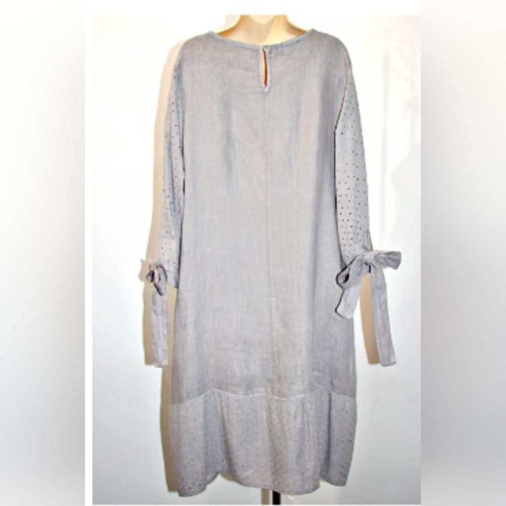 Francesca Bettini Linen Cotton-Eyelet Tie Sleeve Rushed Hem Midi Gray Dress M